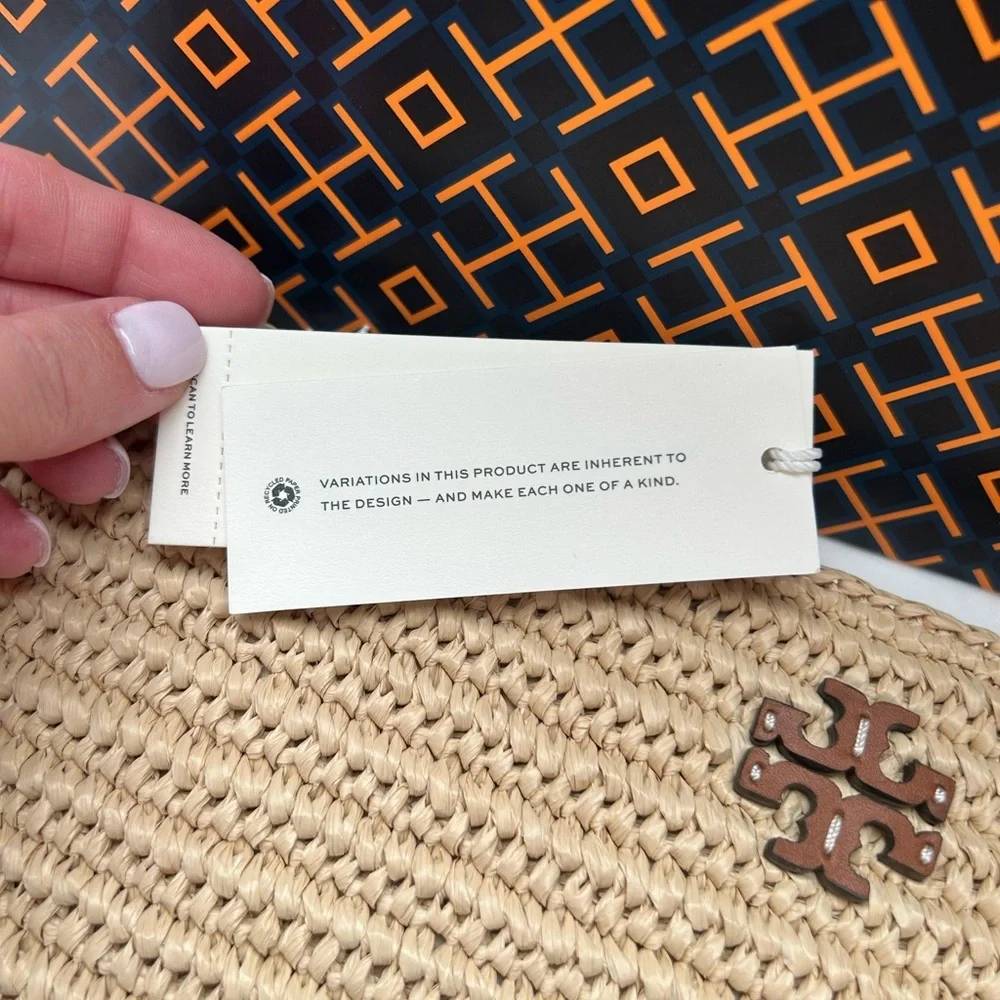 Tory Burch Thea Raffia Pouch Wristlet Bag Coffee Cream - Picture 7 of 11